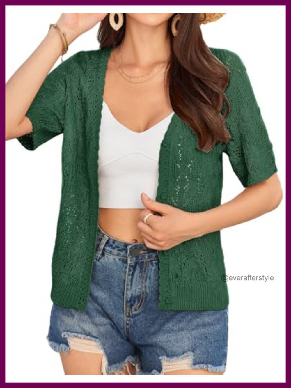 Women's Short Sleeve V-Neck Button Front Crochet Knit Lightweight Cardigan